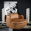 Brown Leather Lounge Chair With Decorative Floor Lamps And Black White Art In Modern Room
