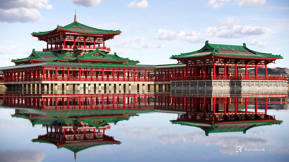 Ancient Chinese Architecture With Green Tiled Roofs Red Pillars And Water Reflection View 3d model 