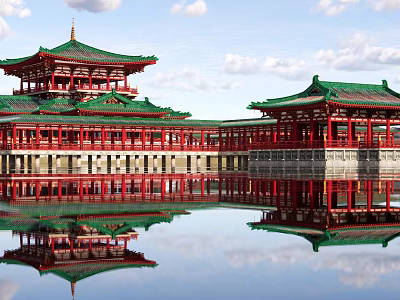 Ancient Chinese Architecture With Green Tiled Roofs Red Pillars And Water Reflection View 3d model