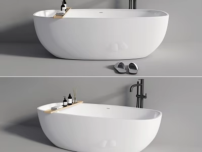 Stylish Freestanding White Bathtub with Bath Products Slippers and Modern Faucet Design 3d model