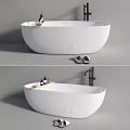 Stylish Freestanding White Bathtub with Bath Products Slippers and Modern Faucet Design