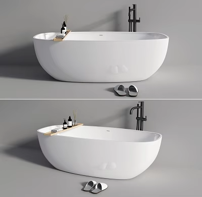 Stylish Freestanding White Bathtub with Bath Products Slippers and Modern Faucet Design 3d model