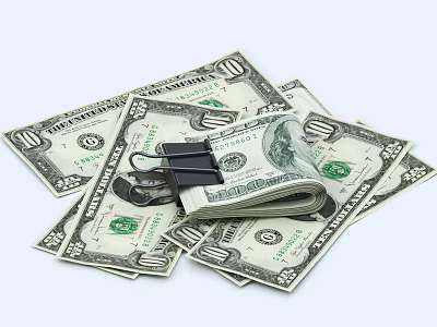 Decorative Ornament Set Featuring 10 Dollar Bills Stacked And Scattered With Paper Clips 3d model