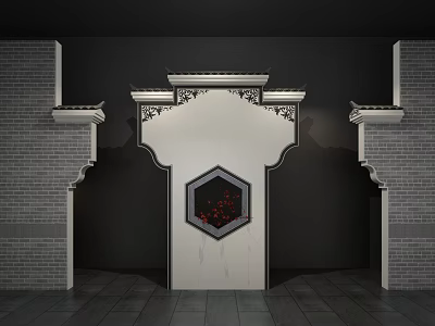 Chinese Style Building Exterior Wall With Gray Brick Carved Hexagonal Doorway And Red Decorations 3d model