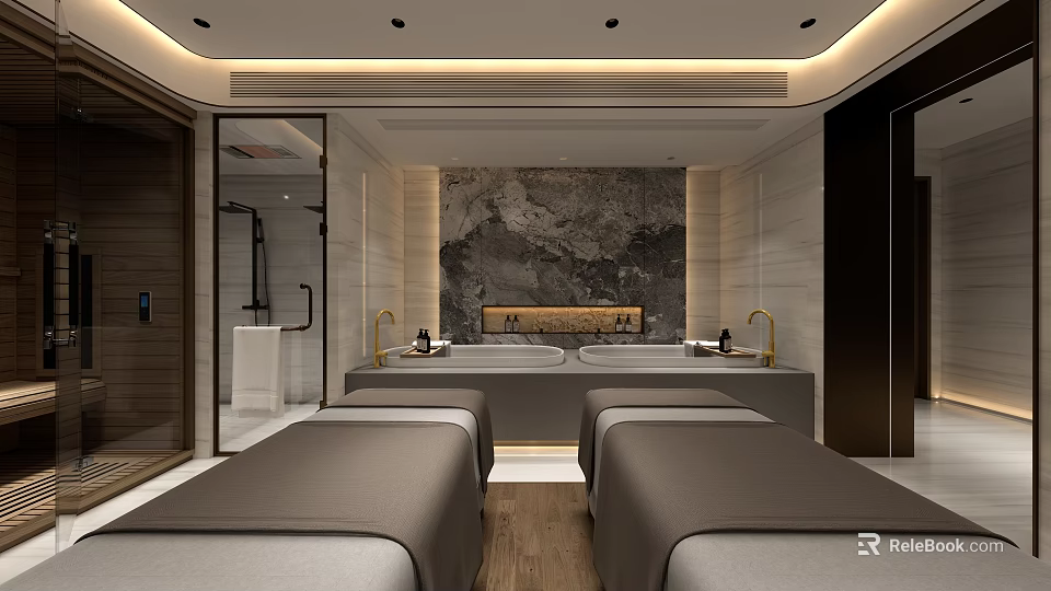 Modern SPA Sauna Interior With Treatment Tables Marble Accent Wall And Wooden Flooring 3d model 
