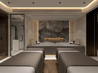 Modern SPA Sauna Interior With Treatment Tables Marble Accent Wall And Wooden Flooring 3d model