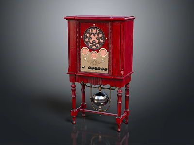 Vintage Red Wooden Cabinet Clock With Ornate Face Decorative Panel And Pendulum Ball 3d model