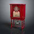 Vintage Red Wooden Cabinet Clock With Ornate Face Decorative Panel And Pendulum Ball