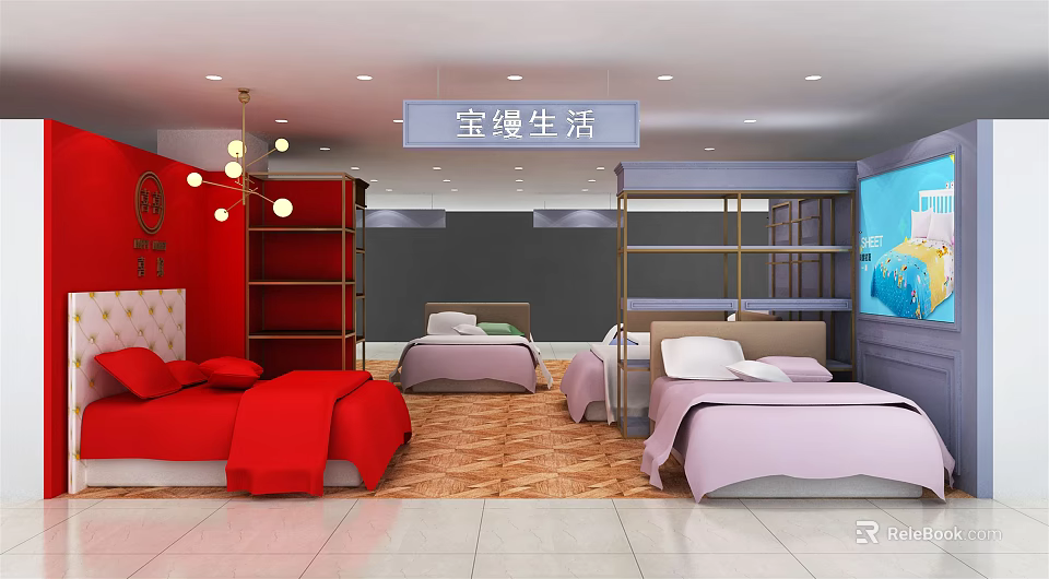 Baoman Life Bedroom Furniture Store With Colorful Bedding And Display Shelves 3d model 