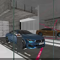 Car Dealership Showroom With Blue Gold Silver Cars Glass Display And Modern Lighting