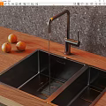 Kitchen Sink with Faucet Water Flowing Oranges on Wooden Countertop Gray Backsplash