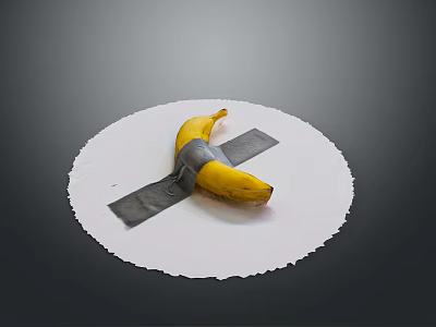 Yellow Banana Taped with Gray Tape Crossed on White Round Paper Against Gray Background 3d model