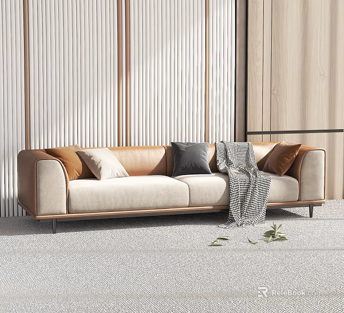Two Seater Sofa Beige And Brown With Cushions And Knitted Blanket Wooden Striped Wall 3d model 