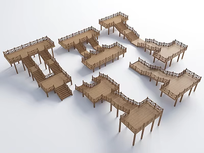 Scenic Wooden Landscape Bridge Designs With Multiple Platforms And Staircases 3d model