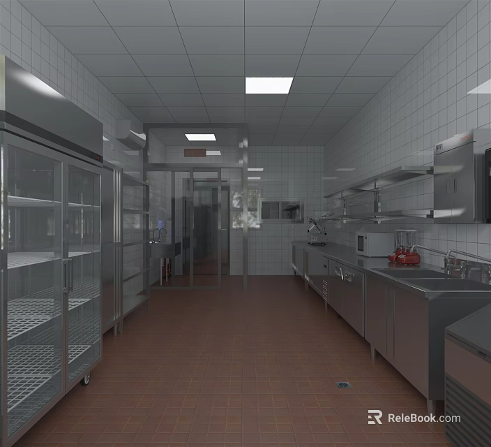 Commercial Kitchen Interior With Stainless Steel Refrigerators Tiled Walls Workstations And Ceiling Lights 3d model 