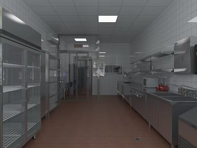 Commercial Kitchen Interior With Stainless Steel Refrigerators Tiled Walls Workstations And Ceiling Lights 3d model