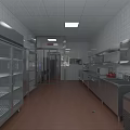 Commercial Kitchen Interior With Stainless Steel Refrigerators Tiled Walls Workstations And Ceiling Lights