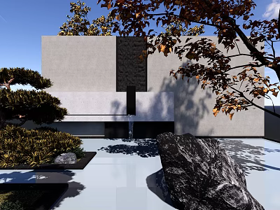 Modern Garden Landscape Design With Trees Rocks Water Feature And Stone Pavement 3d model