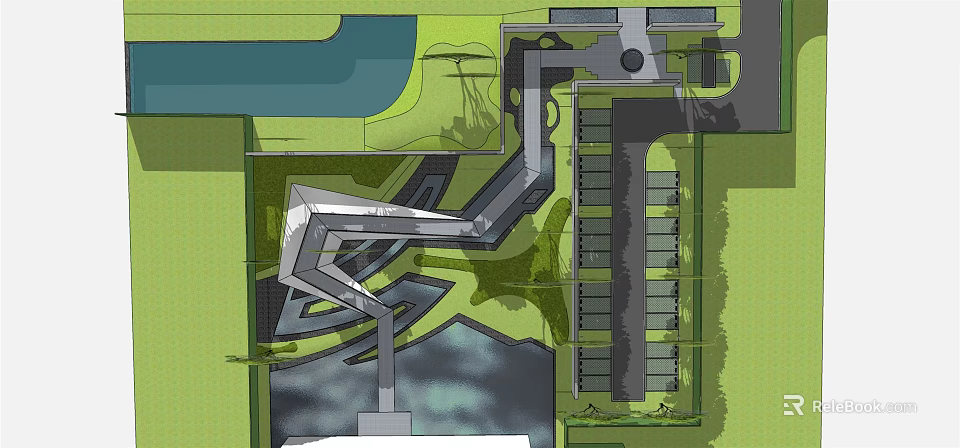 Garden Landscape Design With Winding Path Water Feature Greenery And Parking Area 3d model 
