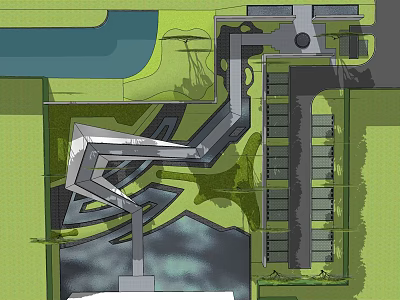 Garden Landscape Design With Winding Path Water Feature Greenery And Parking Area 3d model