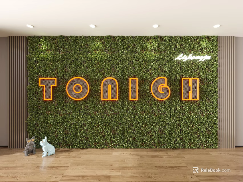 Greenery Wall Design Featuring Orange TONIGH Letters And Lavazza Logo On Wooden Floor With Small Animal Decorations 3d model 