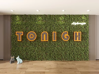 Greenery Wall Design Featuring Orange TONIGH Letters And Lavazza Logo On Wooden Floor With Small Animal Decorations 3d model