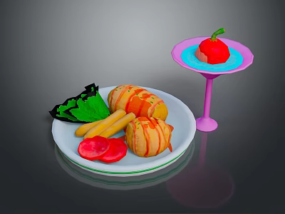 Colorful Tableware Including White Plate With Spring Rolls French Fries Tomato Slices And Pink Goblet 3d model