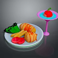 Colorful Tableware Including White Plate With Spring Rolls French Fries Tomato Slices And Pink Goblet