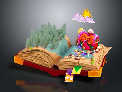 3D Pop Up Book With Fairy Tale Forest River And Colorful Cabin Scenery 3d model
