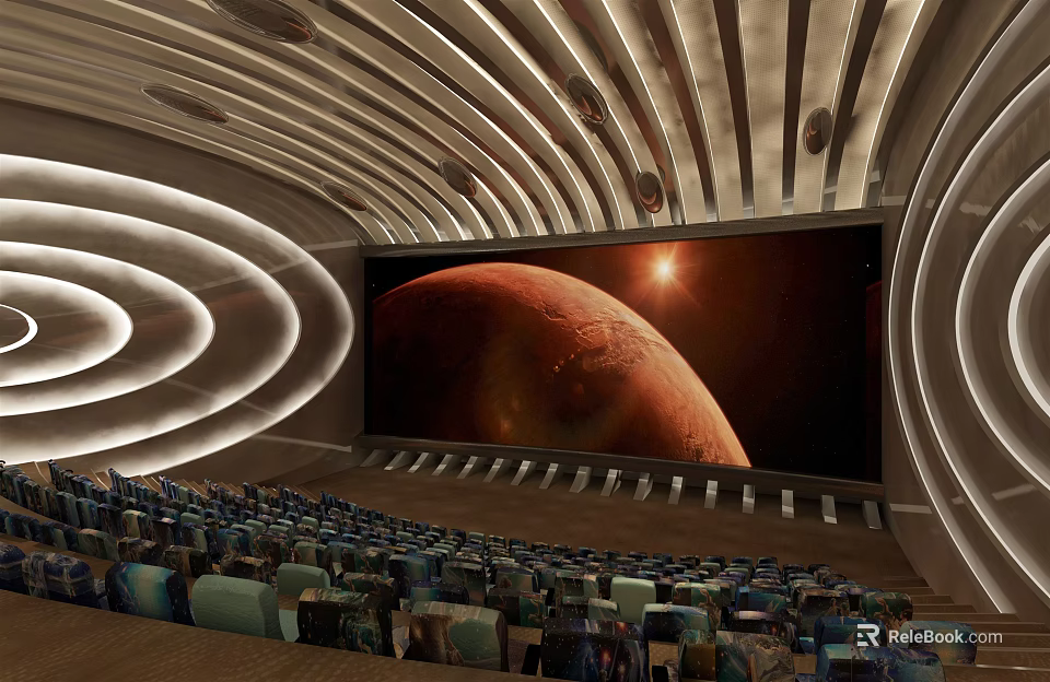 Modern Cinema Auditorium With Large Projection Screen Showing Mars Scene Curved Ceiling And Ambient Lighting 3d model 