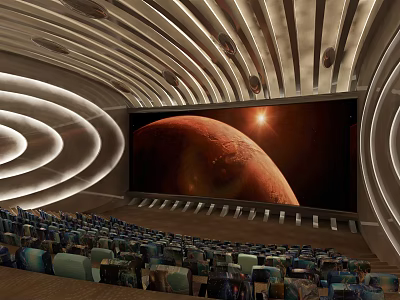 Modern Cinema Auditorium With Large Projection Screen Showing Mars Scene Curved Ceiling And Ambient Lighting 3d model
