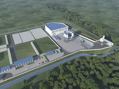 Large Industrial Factory Building With Blue Roof Green Area Trees And Surrounding Facilities 3d model