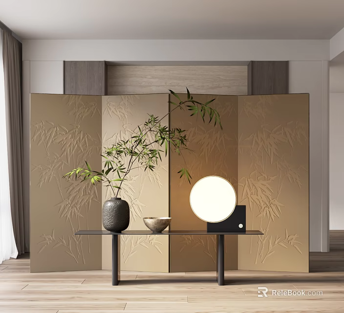 Modern Console Table With Golden Bamboo Pattern Screen Decorative Plant Vase And Round Lamp 3d model