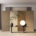 Modern Console Table With Golden Bamboo Pattern Screen Decorative Plant Vase And Round Lamp 3d model