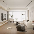 Modern Elegant Living Room Featuring White Sofa Wooden Floor Floor Lamp Green Plants Coffee Table