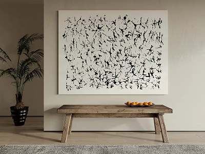 Abstract Painting In Minimalist Interior With Wooden Bench Oranges And Potted Plant 3d model