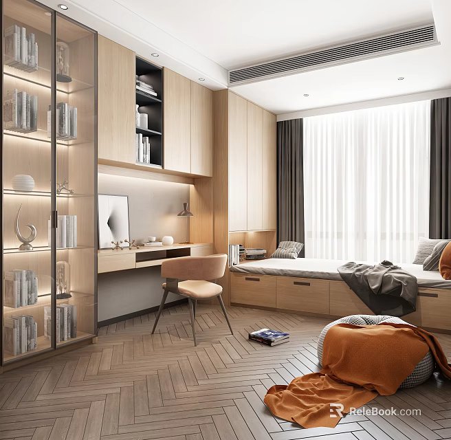 Modern Tatami Bedroom Interior Design With Storage Cabinets Desk Chair And Window Curtains 3d model 