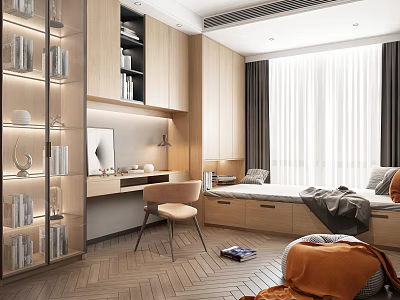 Modern Tatami Bedroom Interior Design With Storage Cabinets Desk Chair And Window Curtains 3d model
