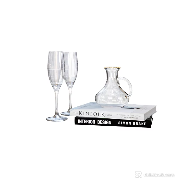 Stack of Kinfolk Interior Design Books With Glass Wine Glasses And Decanter 3d model 