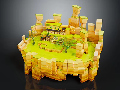 Small House Architecture In Miniature Wooden Block Scene With Green Grass And Trees 3d model