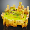 Small House Architecture In Miniature Wooden Block Scene With Green Grass And Trees