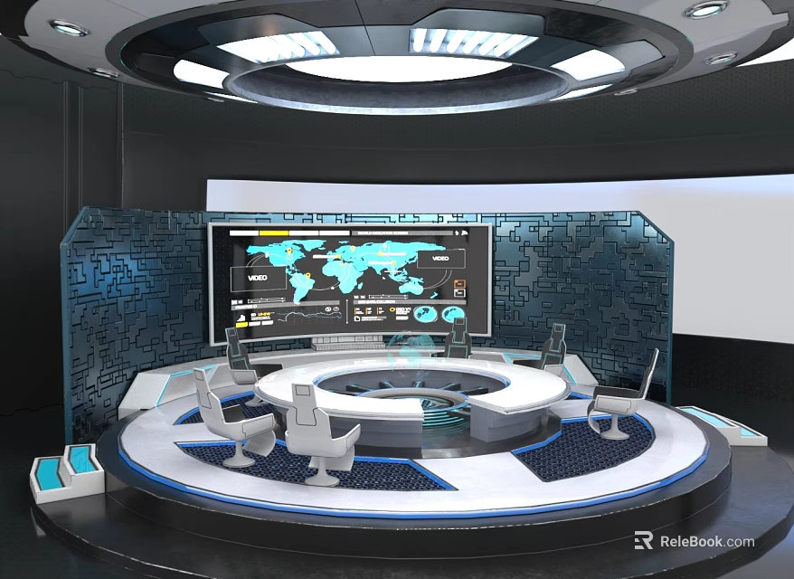 Modern Futuristic Furniture Round Console Table With Surrounding Chairs And Digital Display Screens 3d model 