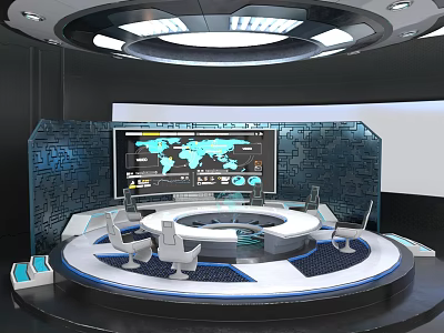 Modern Futuristic Furniture Round Console Table With Surrounding Chairs And Digital Display Screens 3d model