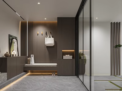 Modern Foyer Hallway Design With Wooden Walls Bench And Storage 3d model