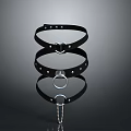 Black Leather Household Collar With Metal Rings And Rivets For Daily Use