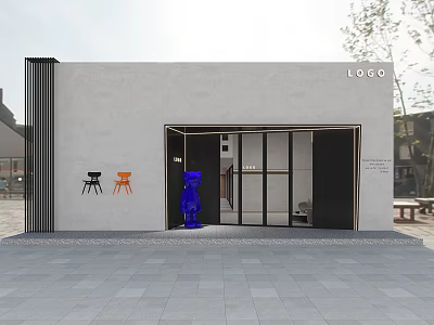 Modern Retail Storefront With Glass Door Logo Sign Black Orange Chairs And Blue Bear Decor 3d model