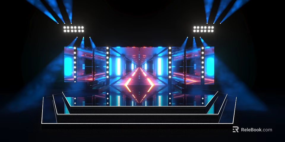 Futuristic Stage Design Featuring Neon Lights Reflective Floor And Bright Lighting Effects 3d model 