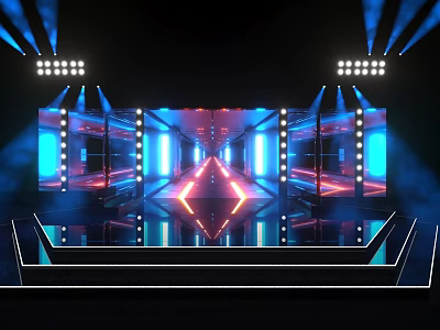 Futuristic Stage Design Featuring Neon Lights Reflective Floor And Bright Lighting Effects 3d model
