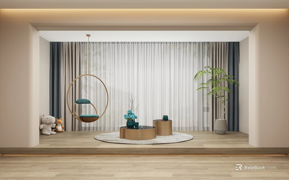 Cozy Home Balcony With Green Swing Chair Round Rug Potted Plant And Wooden Tables 3d model 