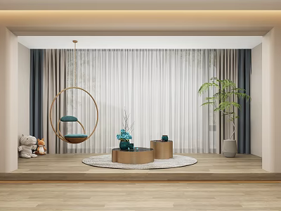 Cozy Home Balcony With Green Swing Chair Round Rug Potted Plant And Wooden Tables 3d model